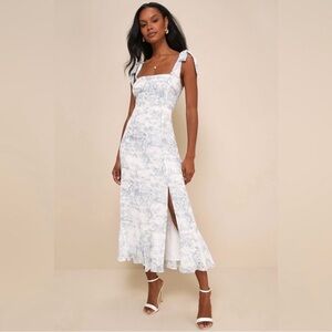 Lulus Summer Invite NWT Medium White and Blue Toile Tie-Strap Tiered Midi Dress
